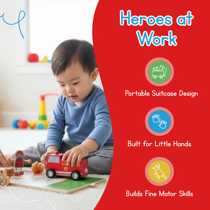 Jack Rabbit Creations Fire House Suitcase Playset - Wooden Fire Station Playset, 15 Pieces - Ages 3+