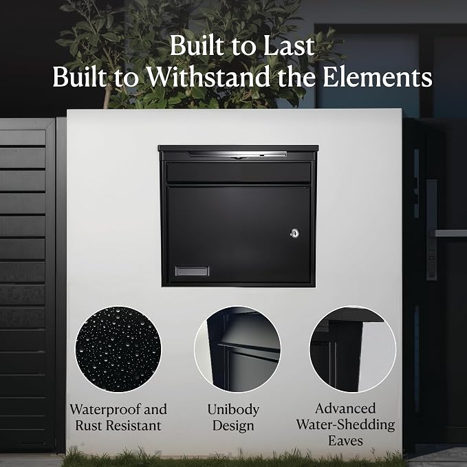 Solar Wall Mount Mailbox for Outside - Auto LED Light at Dusk, Large Locking Mail Box (13 x 3.7 x 12.2 Inches) with Key, Secure Metal Mailboxes for House Outside, Waterproof & Rust-Proof
