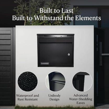 Solar Wall Mount Mailbox for Outside - Auto LED Light at Dusk, Large Locking Mail Box (13 x 3.7 x 12.2 Inches) with Key, Secure Metal Mailboxes for House Outside, Waterproof & Rust-Proof