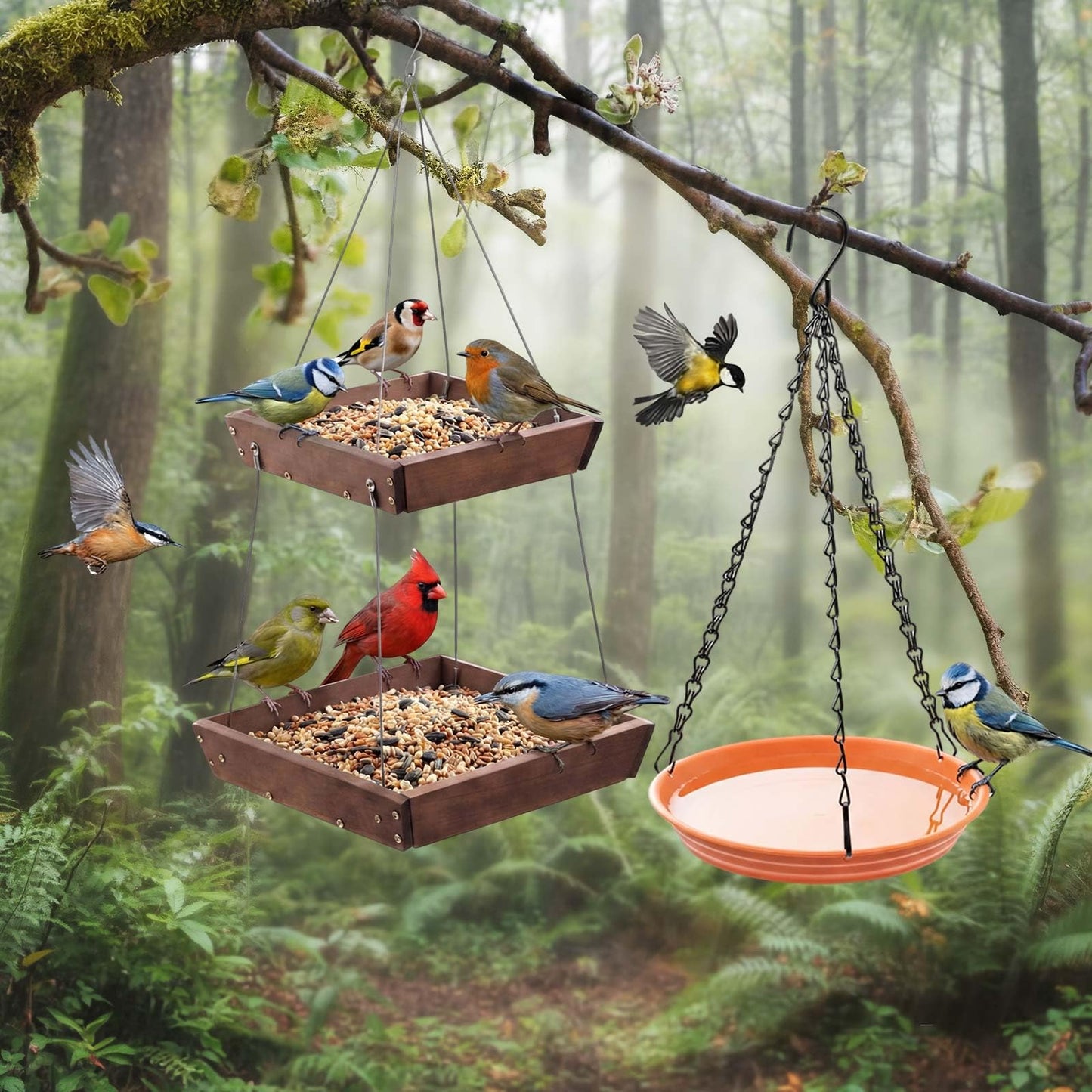 Ferrochef 2 Tier Large Platform Cedar Bird Feeders with Round Hanging Birds Watering Tray, Bird Bath, Wooden Mesh Seed Tray Platform for Outdoors Garden Decor, for Cardinal Blue Jay