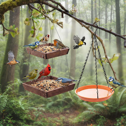 Ferrochef 2 Tier Large Platform Cedar Bird Feeders with Round Hanging Birds Watering Tray, Bird Bath, Wooden Mesh Seed Tray Platform for Outdoors Garden Decor, for Cardinal Blue Jay