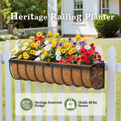 VOXOR Railing Planter Boxes, 24 Inch Window Boxes Planters, Balcony Planters with Adjustable Brackets & Coco Liner for Outdoor Fence, Deck, Porch, and Patio Gardening, 2 Pack