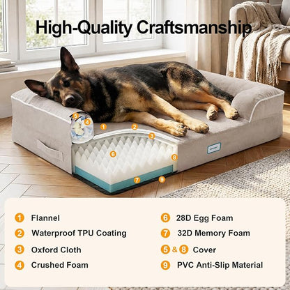 OhGeni Orthopedic Dog Bed Couch Big Cat Sofa for Extra Large Sized Pets with Memory Foam, Machine-Washable Waterproof Removable Cover, Soft Comfortable Fabric, 44-inch (Beige)