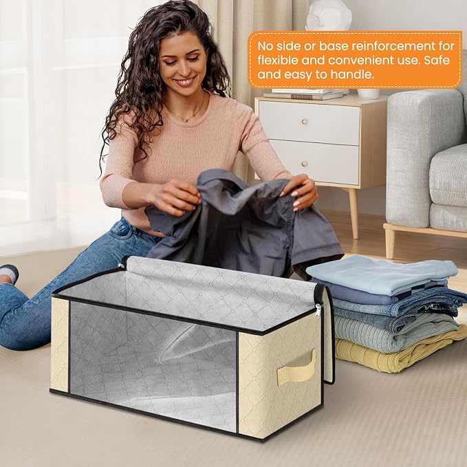Fab totes 35L Closet Organizers and Storage, Foldable Under Bed Storage Containers, Storage bags for Organizing Bedroom, Closet, Clothing,Organization with Handle (4 Pack,Beige)