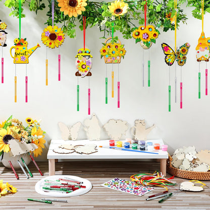 JellyArch 30 Pack Summer Sunflower Wind Chime Making Kit, Make Your Own Butterfly Gnome Wind Chime Wooden Spring Ornaments for Adults DIY Crafts Activity Birthday Decoration