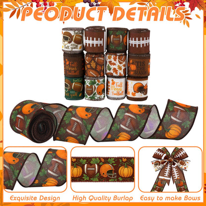 Vincreem 12 Rolls Fall Football Wired Edge Ribbon for Wreaths 2 Inch x 60 Yards Maple Leaves Pumpkin Football Print Ribbon Crafts for Thanksgiving Harvest Party Decorative Supplies, 12 Styles