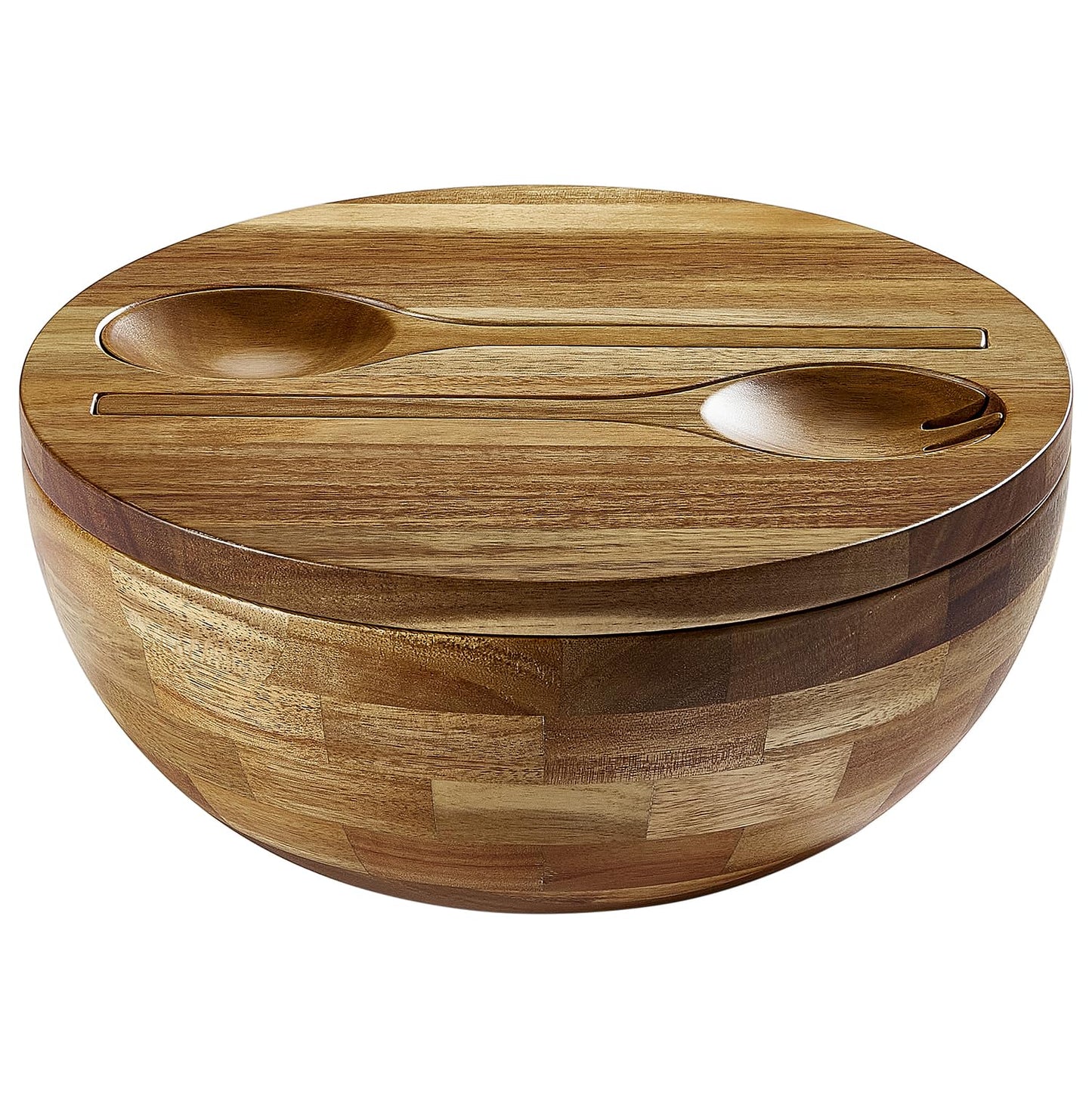 ECWAY Acacia Wooden Salad Bowl with Lid, Built-in Acacia Wood Utensils, 10.5" Large Wood Serving Bowls for Fruits, Salad, and Vegetables, Big Wood Salad Bowls Set 4-Piece, All-in-One Design