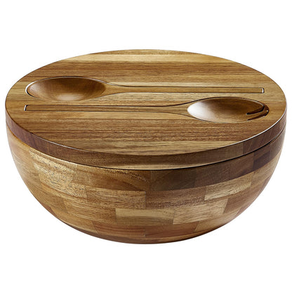 ECWAY Acacia Wooden Salad Bowl with Lid, Built-in Acacia Wood Utensils, 10.5" Large Wood Serving Bowls for Fruits, Salad, and Vegetables, Big Wood Salad Bowls Set 4-Piece, All-in-One Design