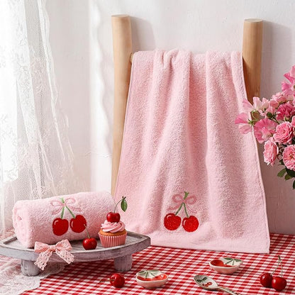 2 Pcs Cherry Hand Towels Light Pink Bathroom Decor 14x29 Inch Embroidered 100%