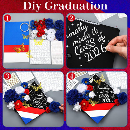 FineCheer 46 Pcs DIY Graduation Cap Decoration Kit Red White Blue Puerto Rico Flower 3D Butterfly Rhinestone Pearl Letter Sticker Glitter Paper for Dominican Republic 2026 Grad Hat Topper Party Decor