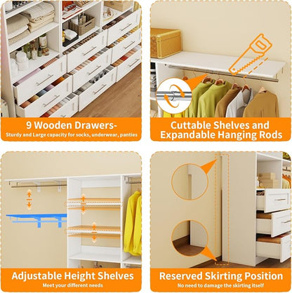 Closet System with 9 Drawers, 11-17FT Closet Organizer System with Cuttable Shelves for Walk in Closet with 9 Expandable Hanging Rods, Heavy Duty Built-in Closet for Bedroom, White(3 Sets)