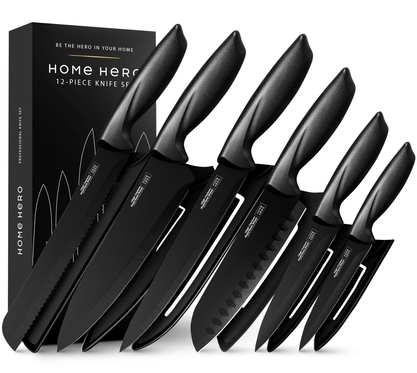 Home Hero Kitchen Knife Set with Sharpener - High Carbon Stainless Steel Knife Block Set with Ergonomic Handles (20 Pcs - Acrylic Black)