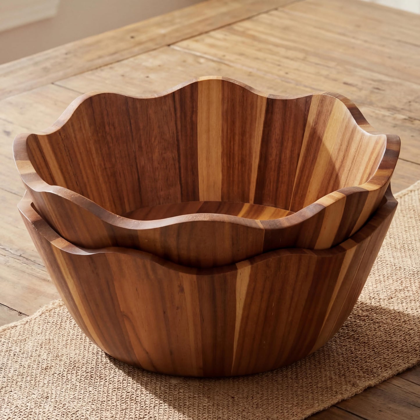 Ferrochef 2 Pcs Scalloped Decorative Wooden Bowl 12 Inch Acacia Wood Fruit & Serving Bowl Handcrafted Rustic Decorative Bowls for Fruit, Salad, Snacks and Home Kitchen Counter Decor Wedding Decor