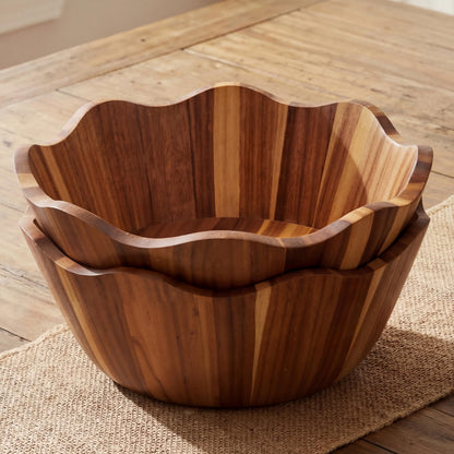 Ferrochef 2 Pcs Scalloped Decorative Wooden Bowl 12 Inch Acacia Wood Fruit & Serving Bowl Handcrafted Rustic Decorative Bowls for Fruit, Salad, Snacks and Home Kitchen Counter Decor Wedding Decor