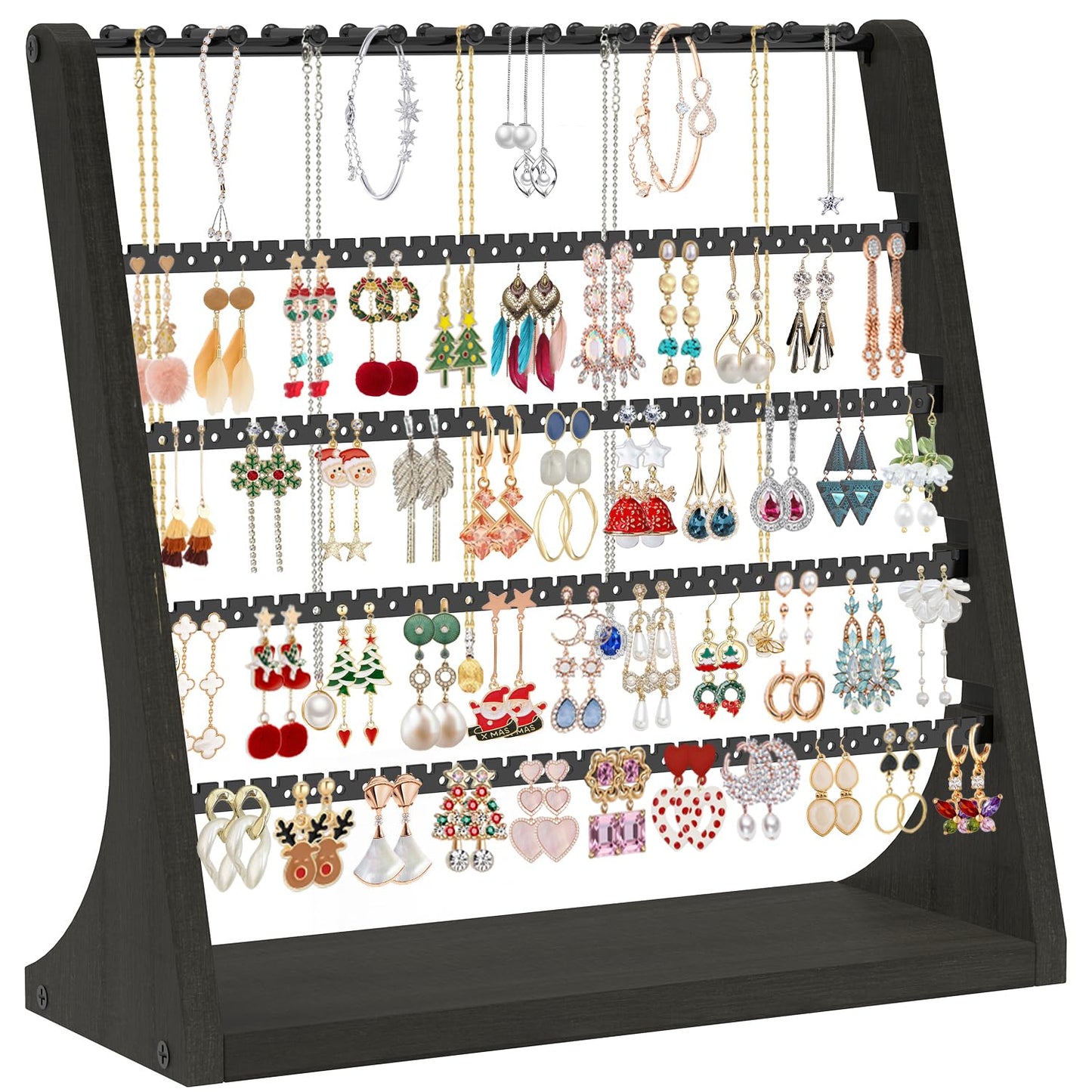 MODOWEY Earring Holder Organizer and Necklace Display Stand, Countertop Wooden Tree Rack for Stud Pierced Dangle Bracelet Storage, 5 Tier 20 Hooks Large Capacity Metal Jewelry Hanger for Women, Black
