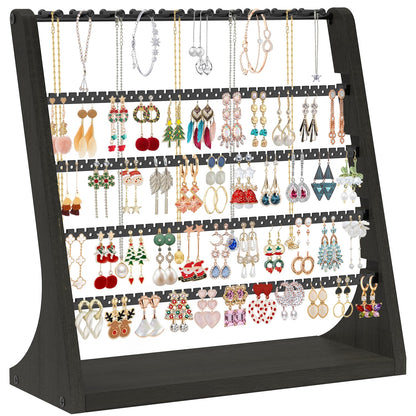 MODOWEY Earring Holder Organizer and Necklace Display Stand, Countertop Wooden Tree Rack for Stud Pierced Dangle Bracelet Storage, 5 Tier 20 Hooks Large Capacity Metal Jewelry Hanger for Women, Black