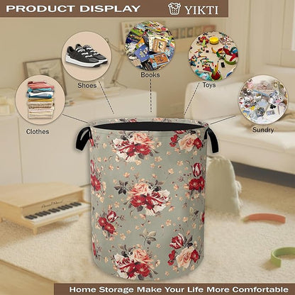 Red Rose Flowers Laundry Hamper, Vintage Floral Clothes Hamper