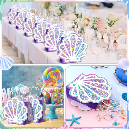 Locmeo 24 Pack Sea Shell Gift Bags Mermaid Goodie Bags Party Favor Iridescent with Handle for Under The Sea Party Summer Ocean Beach Birthday Wedding Shower Celebration Supply Decoration (Holographic)