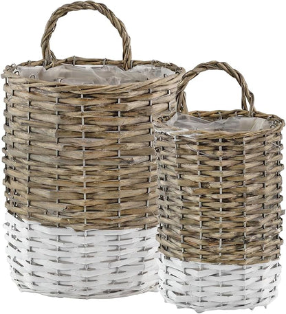 AuldHome Design Wall Hanging Baskets; Woven WIcker Rustic Farmhouse Two-Tone