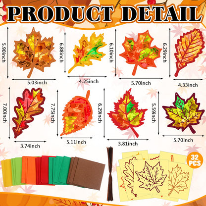 Motipuns 32 Sets Thanksgiving Day Maple Leaf Suncatchers Craft Kits DIY Fall Leaf Tissue Paper Crafts Stained Glass Effect Tissue Paper Kit for Autumn Halloween Window Art
