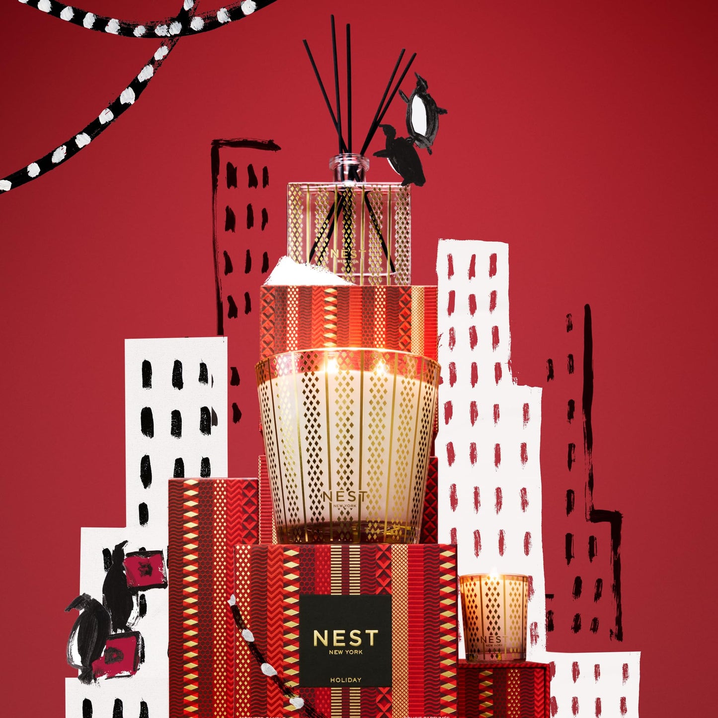 NEST New York Reed Diffuser, Holiday - 5.9 fl oz - Fragrance for Up to 90 Days - Reusable, Refillable Glass Holder - Includes 8 All-Natural Reed Sticks - Flame Free