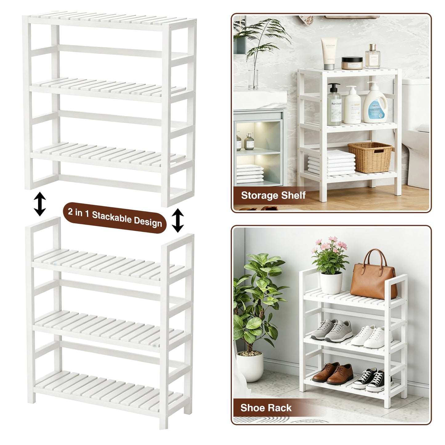 VASMIA 6-Tier Bamboo Shelf,Bamboo Storage Shelving Unit,Tall Bookcase with Adjustable Shelves,Multipurpose Storage Display Shelf for Bathroom, Living Room, Balcony, Kitchen,White