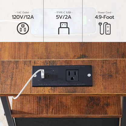 HOOBRO End Table, Narrow Side Table with Charging Station, Nightstand with 3 Non-Woven Fabric Drawers, Bedside Table for Small Spaces, for Living Room, Bedroom, Rustic Brown and Black BF483UBZ01