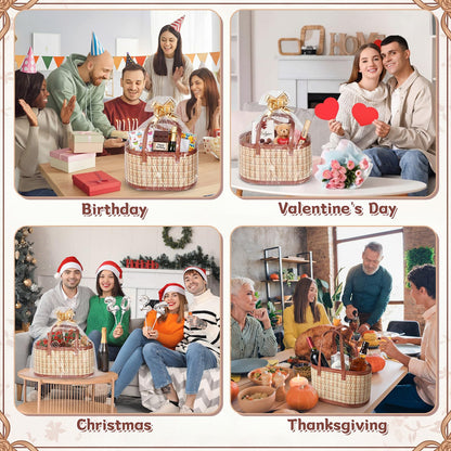 Reallnaive 2 Set Gift Basket Empty Woven Bamboo Storage Baskets with Clear Gift Bags Pull Bows Ribbon Foldable DIY Gifts Basket Kit with Handle for Baby Shower Housewarming