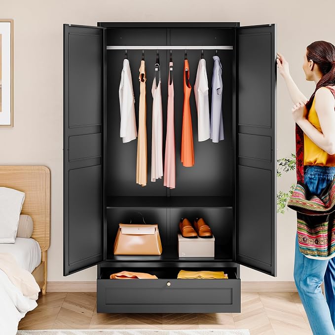 BYNSOE Metal Armoire Wardrobe Closet with 2 Doors 72'' Wardrobe Cabinet with Drawers and Hanging Rail Metal Closet with Adjustable Shelves for Bedroom. (Black, with 1drawer)
