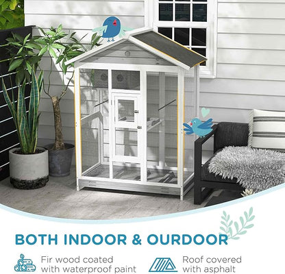 PawHut 64.5" Wooden Bird Cage Aviary, Flight Cage with 4 Perches, Nest and Slide-Out Tray for Indoor/Outdoor, Gray