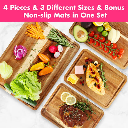 AZRHOM Large Wood Cutting Boards Set of 4 for Kitchen Cheese Charcuterie Board (Gift Box Included) Acacia Butcher Block with Non-slip Mats, Juice Groove and Handles (16x12, 14x10, double 11x8 inch)-4