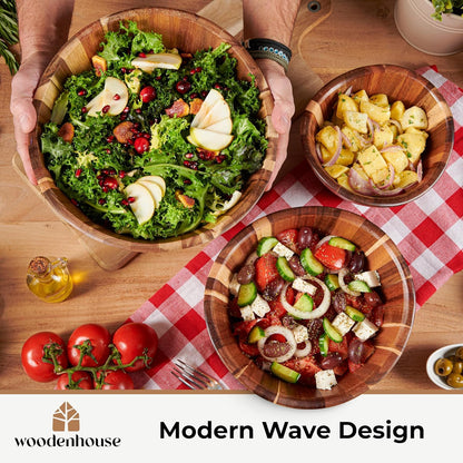 Woodenhouse Wooden Salad Bowl Set, Salad Bowls Set of 3 - Wavy Design Salad Bowl Set for Serving, Handmade, Durable and Stylish Natural Wood Dining Accessory