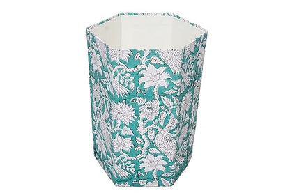 3.3 Gallon Cotton Hand Block Printed Paper Waste Basket |Small Decorative Trash Can for Housewarming Gifts in Living Room, Bedroom, Bathroom | Eco-Friendly, Plastic-Free (1, L, Green White MOR)