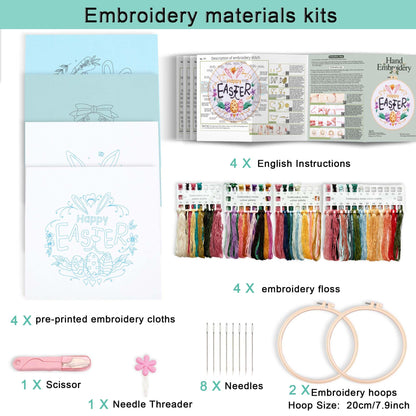 REEWISLY S166+169+170+171 4set 4set Beginner Embroidery Kit for Adults, 4 Floral Patterns with 2 Hoops, Embroidery Starter Kit with Needles & Floss, Cross Stitch Kits for Beginners