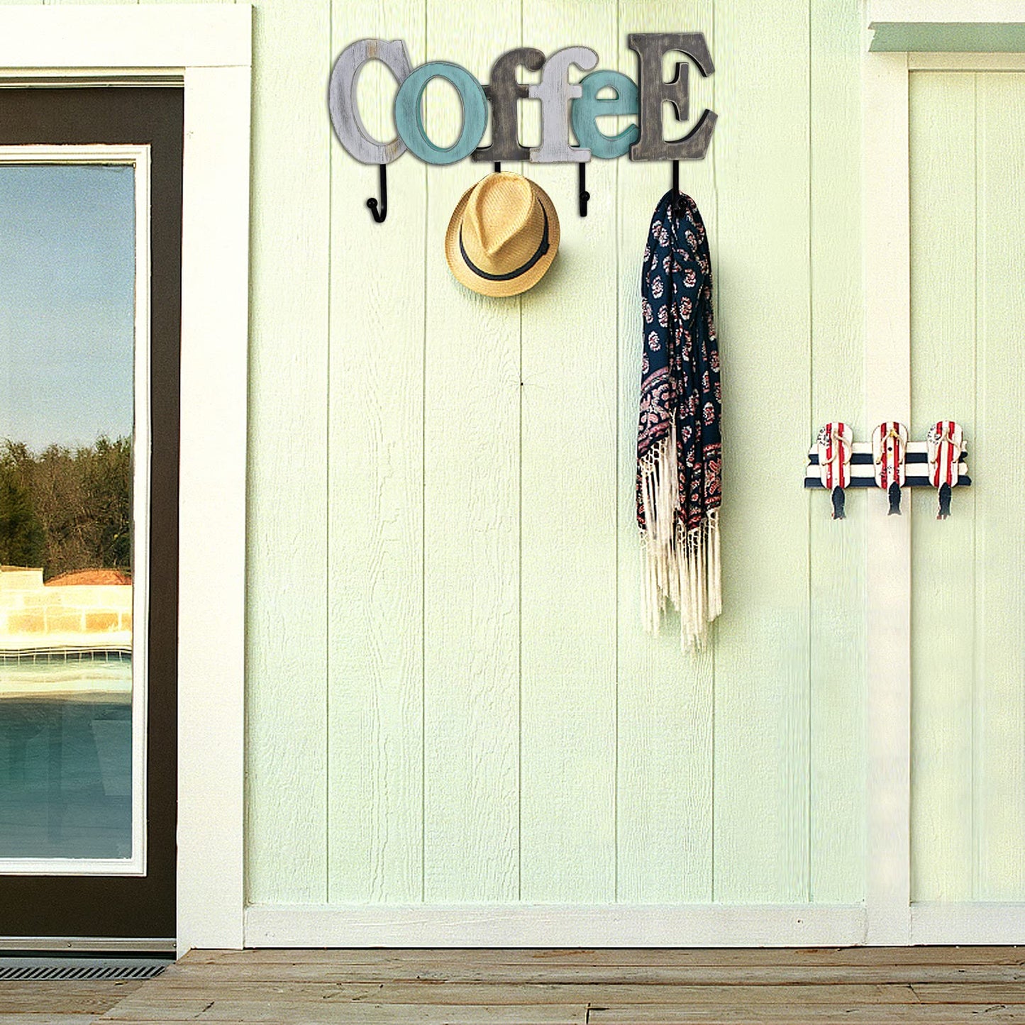 Linfevisi Wooden Coffee Sign Aqua Hanging Block Letters Sign Rustic Wood Word Decor Coffee Wall Sign Cutout Word Art Wall Decor Decorative Key Holder Hanger with 4 Hooks (coffee)