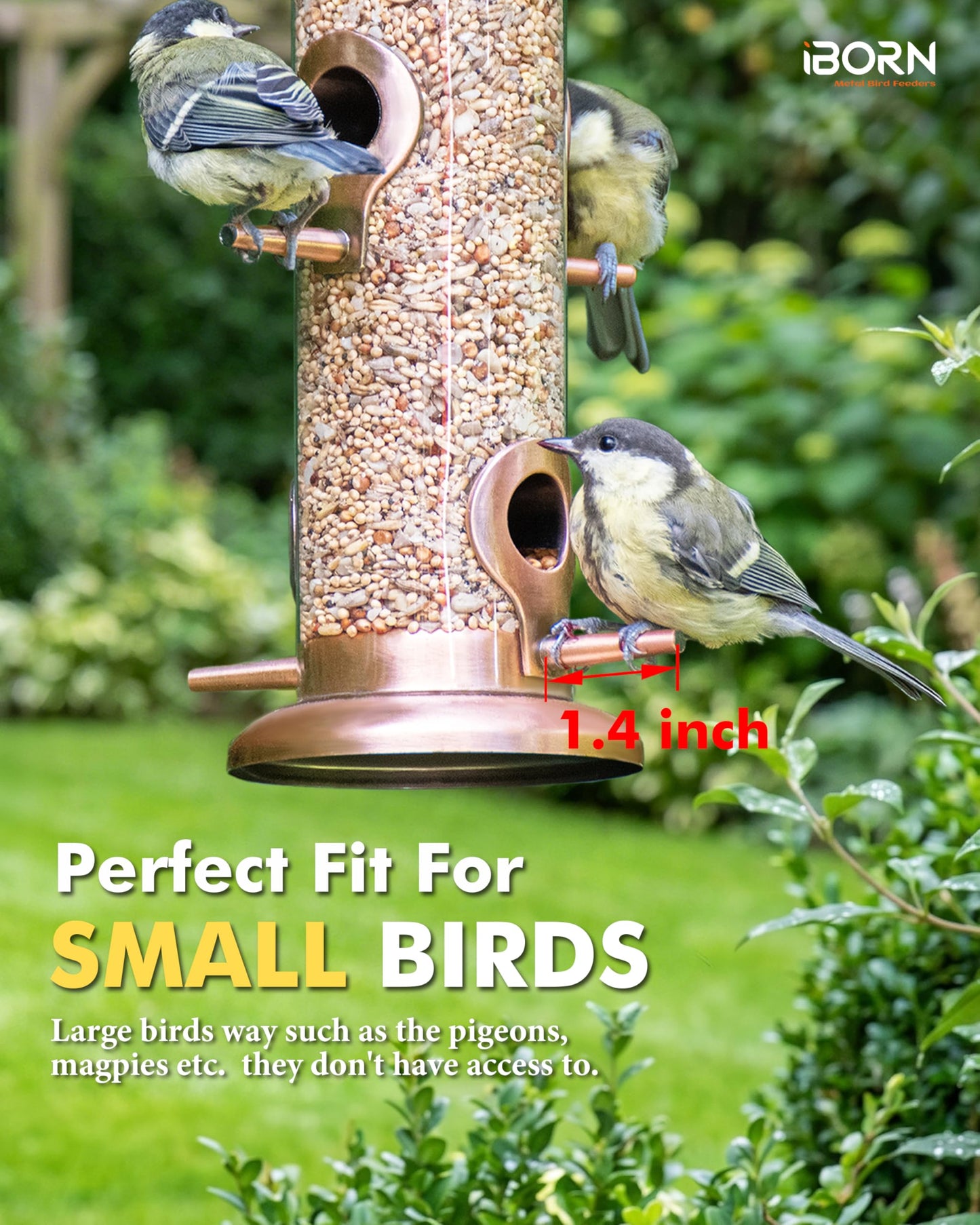 iBorn Metal Bird Feeders Brushed Copper Wild Bird Feeder for Outdoors Hanging All Metal Brushed Copper Finishing 15 Inch 6 Port(Seed is not Included)