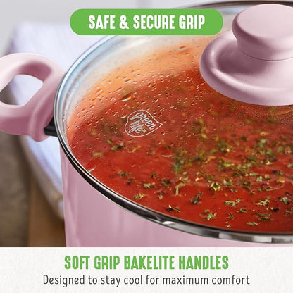 GreenLife 6QT Ceramic Nonstick Stockpot with Glass Straining Lid, PFAS-Free, Dishwasher Safe, Stay-Cool Handles, Oven Safe to 350°F, Wobble-Free Base, Even Heating, Pink