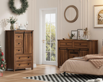 GarveeHome Farmhouse 5 Drawer Dresser for Bedroom, 48" Tall Wood Dressers Chest of Drawer with Sliding Barn Door, Adjustable Shelf, Storage Organizer for Bedroom, Hallway, Living Room, Kitchen, Walnut