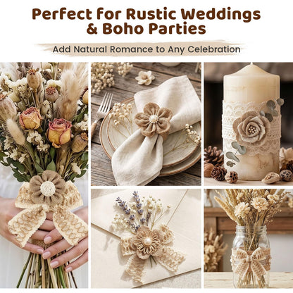 VGOODALL 32 PCS Natural Burlap Flowers Set, Burlap Bows and Scrapbook Embellishments for Wedding Party Decor Home, Embellishments for Crafts