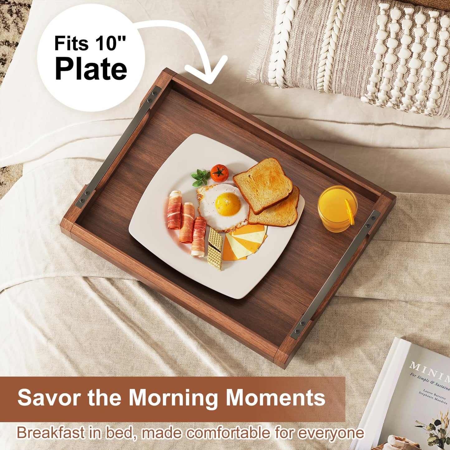 17 Inch Acacia Wood Ottoman Tray for Living Room, Wooden Serving Tray with Metal Handles, Large Serving Trays for Ottoman, Eating Food on Couch, Decorative Trays for Coffee Table, Bathroom, Home Decor