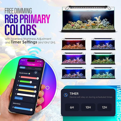 22W Smart Bluetooth App-Controlled Aquarium Light - Customizable Light Colors,Timeable,24/7 User-Defined Sunrise/Sunset Simulation,Tropical Lighting Mode,Suitable for 24-30" Fish Tanks