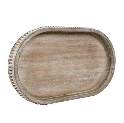 MAONAME Wood Serving Tray, Farmhouse Wooden Tray for Coffee Table, Oval Beaded Trays, Washed White Decorative Trays for Living Room, Kitchen, 15" X 9" X 1.2"