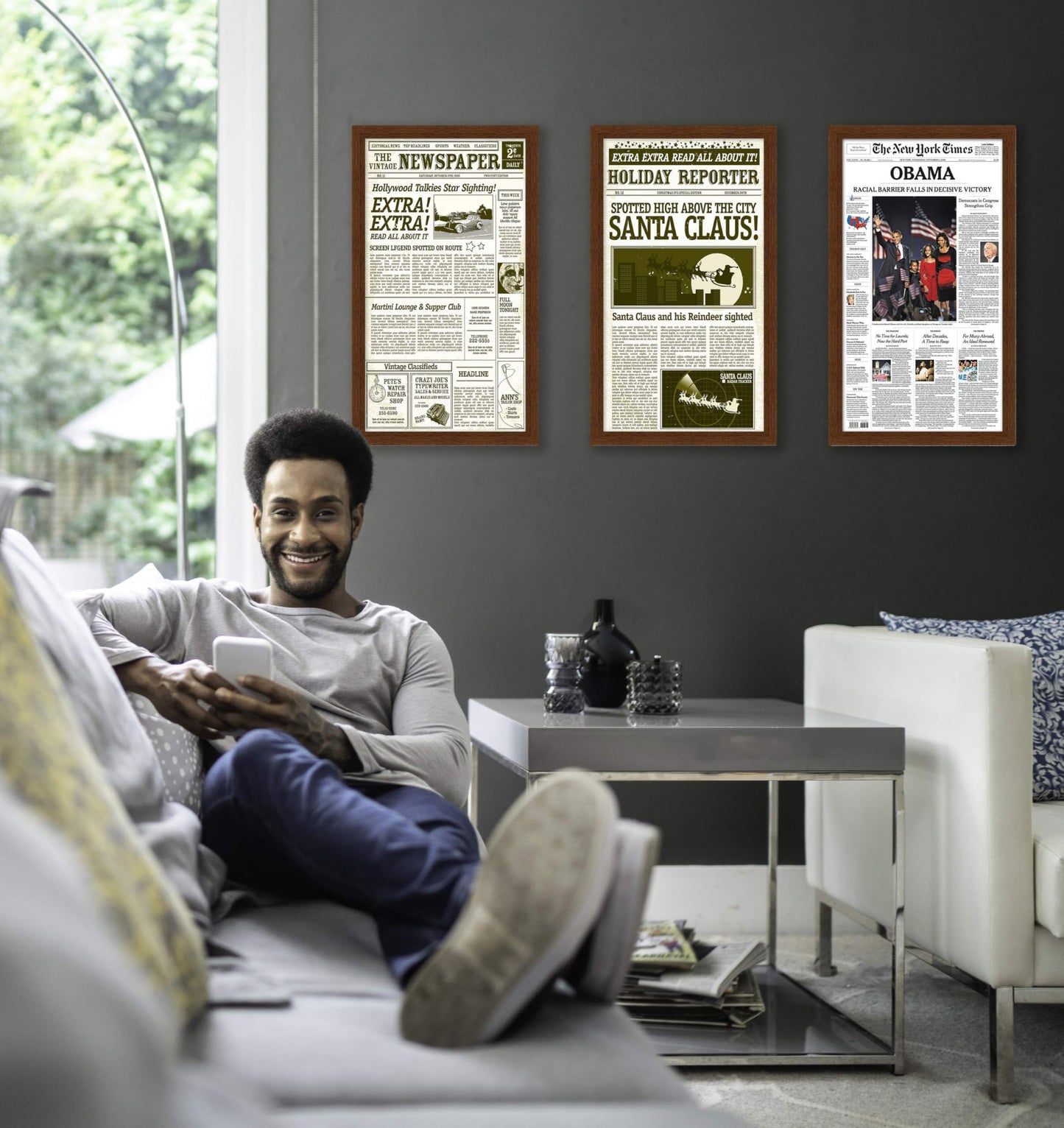 Modern Wood Newspaper Frame (Brown) Acid-Free, UV Resistant, Acrylic Plastic Front Prevents Paper from Fading Sleek Hanging Display Case for Entire Newspaper for Home or Office - 12x22.75