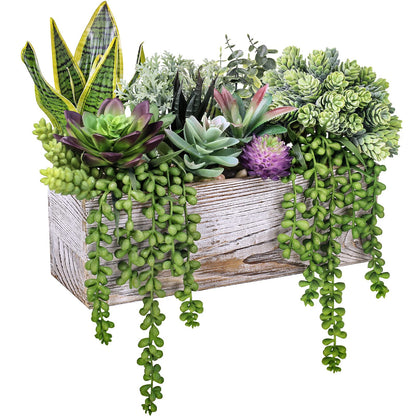 14 Pcs Assorted Artificial Succulents Fake Plants in Rectangular Wooden Pots Artificial Potted Succulents Plants Arrangement for Table Centerpiece Windowsill Shelf Mantel Tropical Greenery Decor
