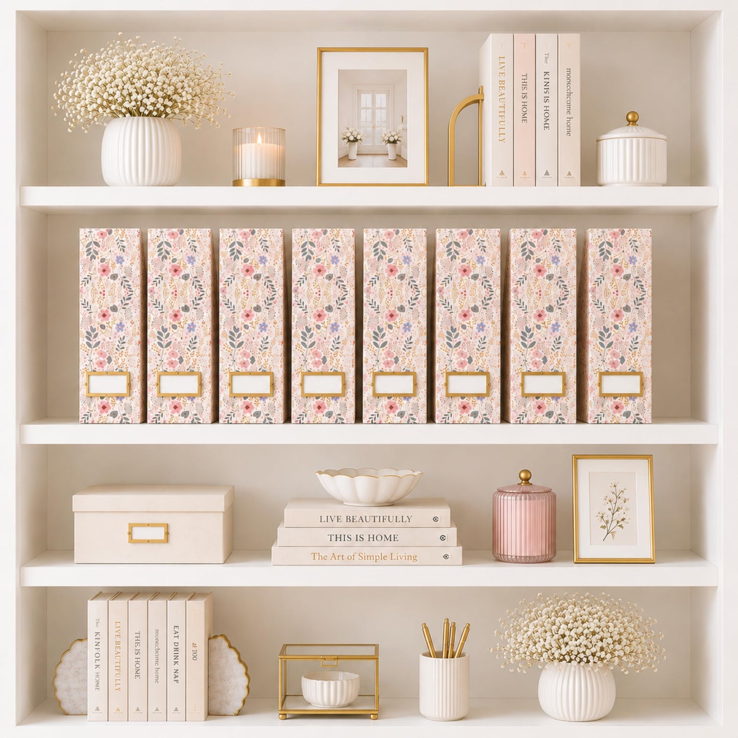 BLU MONACO | Cardboard Magazine File Holder Set of 4 | Standing File Holder with Floral Boho Design | Foldable Cardboard Bins for Shelves Desk Office Storage