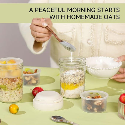 Overnight Oats Containers with Handles & Lids – 16oz Glass Mason Jars with Spoons & Fruit Compartments, Meal Prep Breakfast Jars, 2 Sets (Cream, Dark Blue)