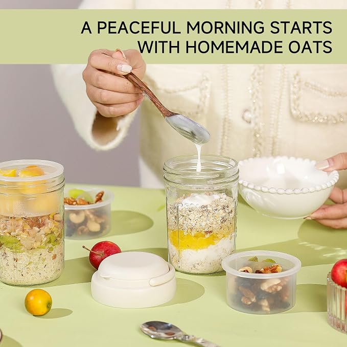 Overnight Oats Containers with Handles & Lids – 16oz Glass Mason Jars with Spoons & Fruit Compartments, Chia Pudding Jars with Lids, 4 Sets (Cream, Dark Blue, Purple, Green)