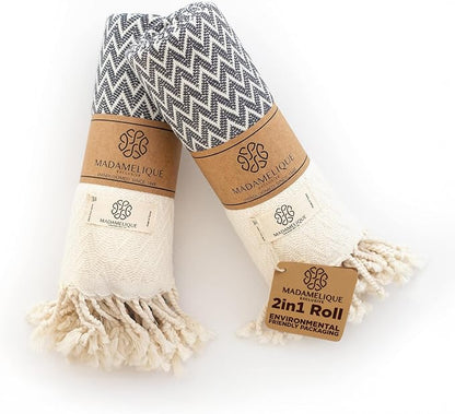 Madamelique Exclusive Hand Towels Set of 2-18 x 40 Inches - Decorative Bathroom Peshtemal Towel for Hand, Face, Hair, Yoga, Tea, Dishcloth, Kitchen and Bath - 100% Pure Cotton (Vintage Gray)