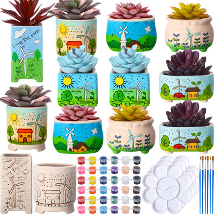 Hushee 12 Pcs Ceramic Succulent Planters White Ceramic Pots Paintable Succulent Plant Planters Containers Small DIY Figurines Unpainted Pots with Drainage Hole Paintbrushes Palettes(Windmill)