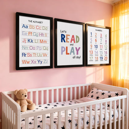 Cute Alphabet Numbers Framed Wall Art Set of 3, Educational ABC Poster Wooden Sign for Baby Girl Kid Boy Toddlers, Neutral Boho Preschool English Letters Nursery Decor for Homeschool Playroom Daycare